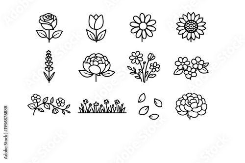 Flower Garden. Line icon set of Flower Garden: rose bloom, tulip flower, daisy flower, sunflower, lavender sprig, peony blossom, wildflowers, flower cluster,