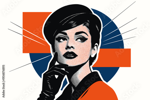 Black and white retro-inspired woman portrait with graphic halftone texture across the face, layered with terracotta orange geometric blocks and a deep blue