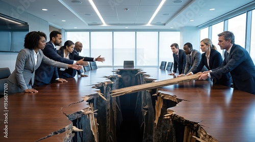 Business people, men and women, try to bridge a large chasm in a conference table. Crisis management and collaboration concept for overcoming corporate challenges.