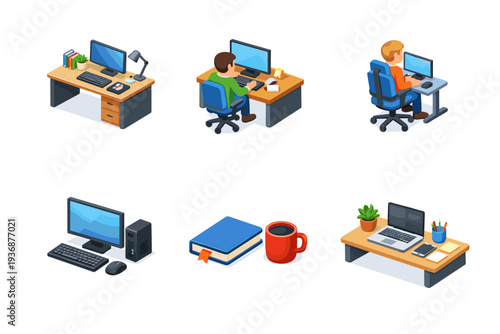 OfficeWork. Isometric flat vector icons set of OfficeWork: office desk setup, employee working at computer, ergonomic chair posture, desktop computer station,