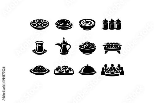 Middle Eastern Food Traditions. Solid icon set of Middle Eastern Food Traditions: mezze plates, pita bread, hummus bowl, spice jars, tea glass, coffee pot