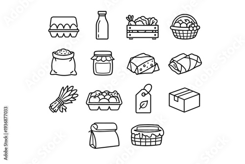 Farm Product Packaging. Line icon set of Farm Product Packaging: egg carton, milk bottle, vegetable crate, fruit basket, grain sack, honey jar, cheese wrap,