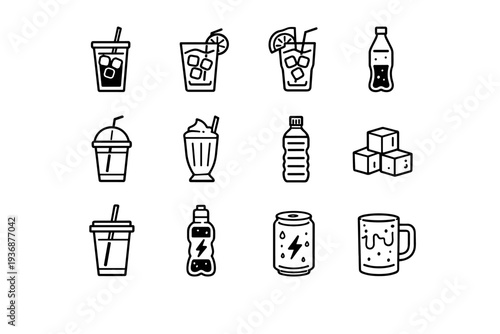 Cold Beverages. Line icon set of Cold Beverages: iced coffee, iced tea, lemonade glass, soda bottle, smoothie cup, milkshake, water bottle, ice cubes, straw
