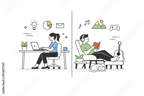 Work-life balance. A simple split scene showing one side with light work activity and the other with rest or hobbies. Harmony and clarity expressed without