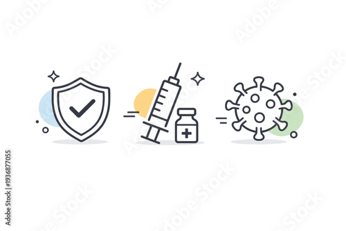 Immunization line icons. A modern editorial scene showing simple outline icons representing immunity, such as shield with checkmark, syringe, and virus symbol.