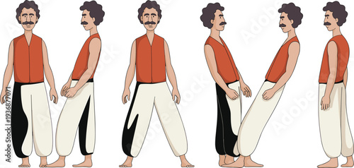 Male character turnaround sheet, cartoon man front side and back views with different poses, animation reference vector illustration set