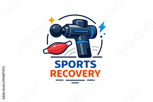 Sports recovery tools represented by a clean editorial badge where a recovery massage gun suggests efficiency, technology and modern fitness routines. The