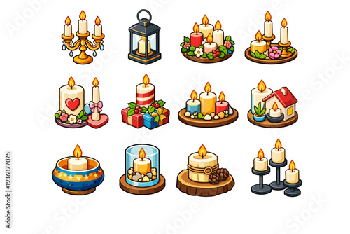 CandleDecor. Colorful isometric vector icons set of CandleDecor: decorative candle holder, lantern candle, centerpiece candle, table candle setup, wedding