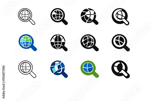 Discovery. Icon set. Set Logo of discovery: magnifying glass. harmonious logo variations of the same emblematic concept, each with different artistic