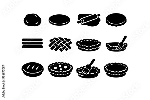 Apple Pie Crust. Solid icon set of Apple Pie Crust: dough ball, flattened dough, rolling action, dough circle, lattice strips, woven lattice, edge crimping,