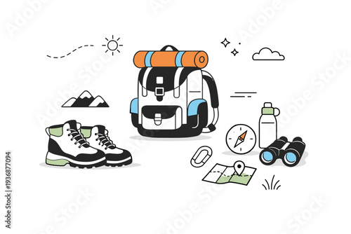 Hiking gear still life. A modern editorial still-life scene with boots, backpack, and accessories placed lightly in space, emphasizing balance and negative