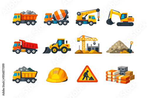 Construction Trucks. Colorful flat vector icons set of Construction Trucks: dump truck, cement mixer, crane truck, excavator truck, tipper truck, heavy loader,