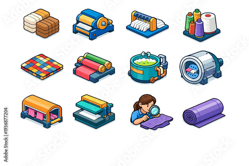 Fabric Processing. Colorful isometric vector icons set of Fabric Processing: raw fiber bales, carding machine, combing fibers, spinning bobbin, woven fabric