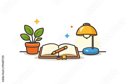 Low tech lifestyle embracing mindful living shown through a quiet desk with a book, plant, and soft light source, conveying slowness, focus, and tactile