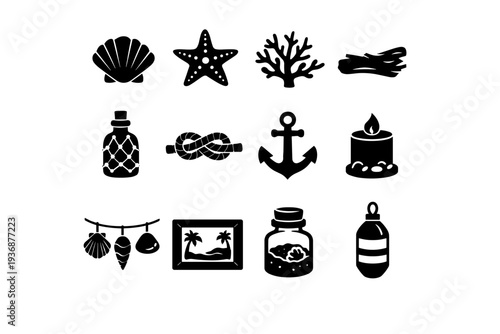Beach Decor. Solid icon set of Beach Decor: seashell, starfish, coral branch, driftwood piece, glass bottle decor, rope knot, nautical anchor, coastal candle,