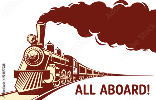 Vintage steam locomotive train illustration with smoke and All Aboard text, retro railway transportation poster style vector design