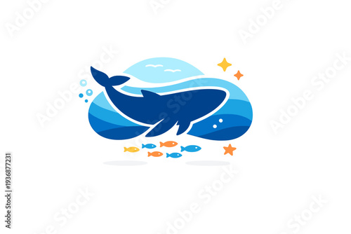 Ocean wildlife mini set capturing a calm underwater moment where a whale silhouette and small fish express scale, serenity and the beauty of marine life.