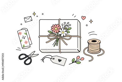 Floral gift wrapping. A focused scene showing a gift wrapped with paper and decorated with flowers. Thoughtful preparation and personal touch, with clean