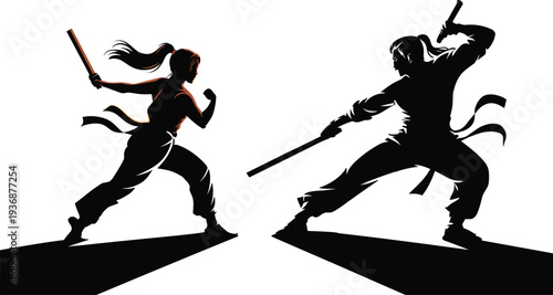 Martial arts fighter silhouettes with sticks, dynamic combat action poses of male and female warriors, martial training vector illustration set