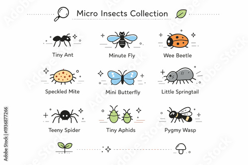 Micro insects collection. Tiny insects displayed like a scientific collection, neatly spaced and carefully observed. Calm educational mood with focus on small
