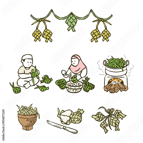 Traditional Ketupat making process for Eid al-Fitr celebration. Hand-drawn illustration of people weaving, filling, and cooking rice cakes for Islamic holiday festivities