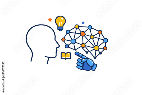 Artificial intelligence concept shown as a human profile facing a geometric brain made of nodes, expressing collaboration learning and thoughtful machine