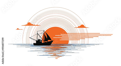 A stylized illustration depicts a fishing boat silhouetted against a vibrant orange sun and sea