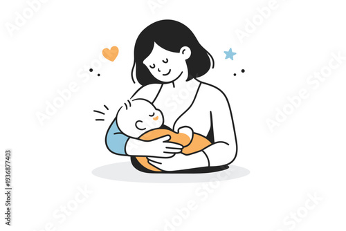 Breastfeeding moment. A soft editorial illustration of a mother calmly feeding her baby, reduced to simple friendly forms. Comfort, closeness, and natural