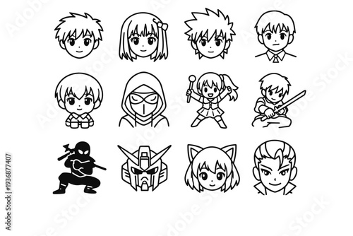 Anime Characters. Line icon set of Anime Characters: anime boy face, anime girl face, spiky hair hero, school uniform character, chibi character, masked anime