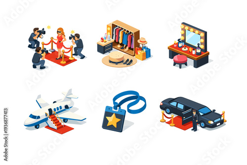 CelebrityLifestyle. Isometric flat vector icons set of CelebrityLifestyle: paparazzi camera scene, luxury dressing room, celebrity vanity mirror, private jet