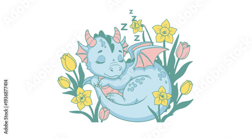 Blue dragon sleeping among yellow narcissus and pink tulips