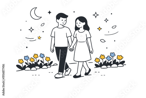Spring evening stroll. A couple walking along a flower-lined path with soft glowing light, holding hands and sharing quiet smiles, feeling relaxed