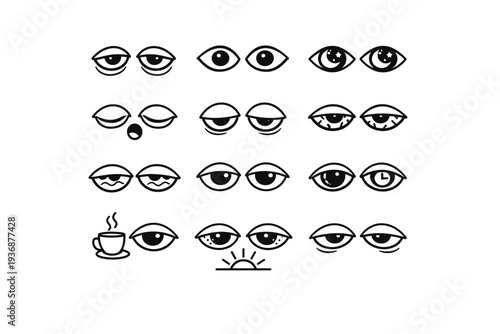 Sleep Deprivation. Line icon set of Sleep Deprivation: sleepless eyes, insomnia stare, midnight eyes, tired night gaze, yawning eyes, heavy lash eyes, red