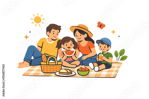 Spring family scene representing a peaceful picnic moment with simple food elements and relaxed poses, communicating comfort, warmth and quality time together.