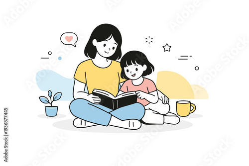 Mother and child bonding. A soft editorial scene showing a quiet shared activity, such as reading or talking together, expressing trust and warmth. Relaxed