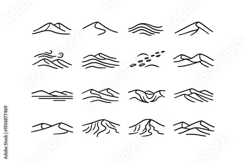 Sand Dunes. Line icon set of Sand Dunes: dune ridge, dune crest, sand wave, dune slope, wind shaped sand, dune layers, desert footprints, sand valley, dune