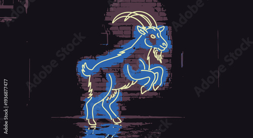 Neon Goat Silhouette in Dark Alleyway