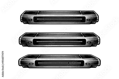 Game cartridge side profile. A realistic game cartridge is shown as one object presented in three orientations focusing on side profile thickness, bevels, and