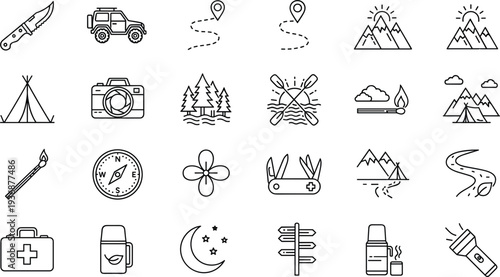 Camping and outdoor adventure outline icon set travel hiking nature vector symbols collection