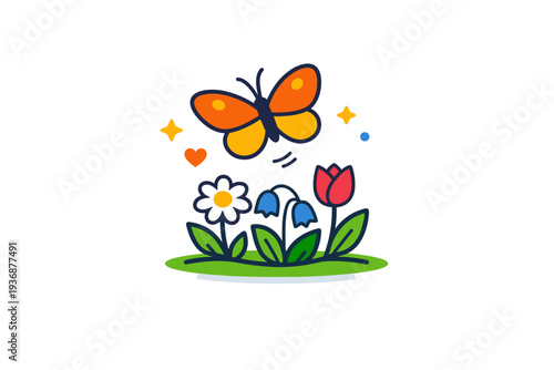Spring meadow wildlife concept illustrated by a butterfly hovering above wildflowers, symbolizing harmony between nature and gentle movement. Minimalist flat