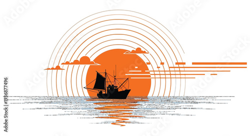A minimalist illustration depicts a sailing ship silhouetted against a vibrant orange sunset over water