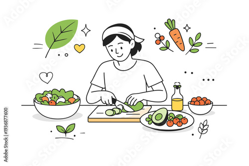 Plant-based living. A person preparing a simple meal with vegetables on a table, focused and content. Soft abstract leaves and shapes highlight healthy and