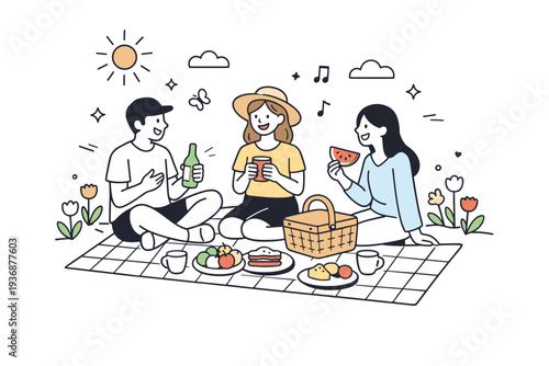 Sunny spring day picnic. Friends sitting on a blanket with simple food and drinks, surrounded by blooming nature and soft sunlight. Friendly interaction and
