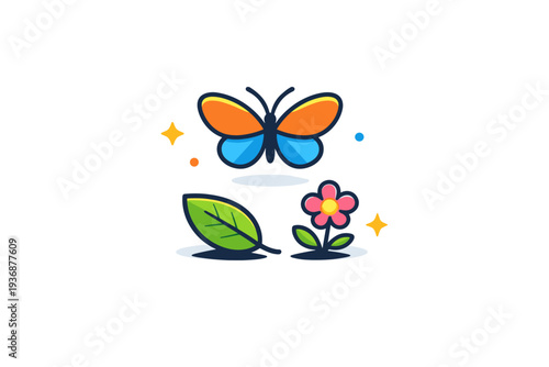 Butterflies in nature harmony shown as a butterfly hovering above a simple leaf and flower, conveying balance, calm and connection to the natural world. A