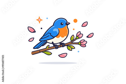 Spring wildlife captured with a small bluebird perched on a budding branch with petals floating around, symbolizing renewal, melody and delicate beauty of