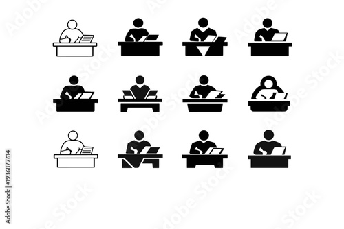 Business proposal drafting. Icon set. Set Logo of Business proposal drafting: person at desk with documents. harmonious logo variations of the same emblematic