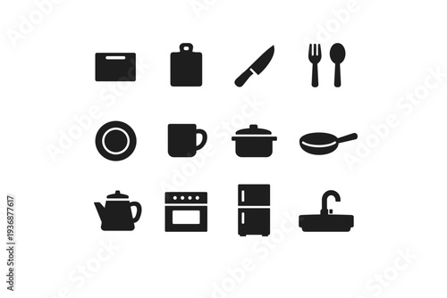 Minimal kitchen icons. Solid icon set of Minimal kitchen icons: cutting board slot, cutting board, chef knife, fork and spoon, plate, mug, saucepan, frying