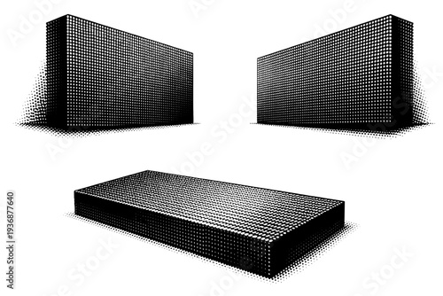 Pixel display angled perspective. A realistic pixel display is presented as one object shown in three angled views emphasizing pixel density, planar shifts,