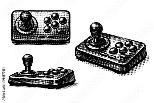 Joystick Controller ? Compact desktop joystick controller shown from top-down view, side profile, and three-quarter angle, highlighting button cluster and