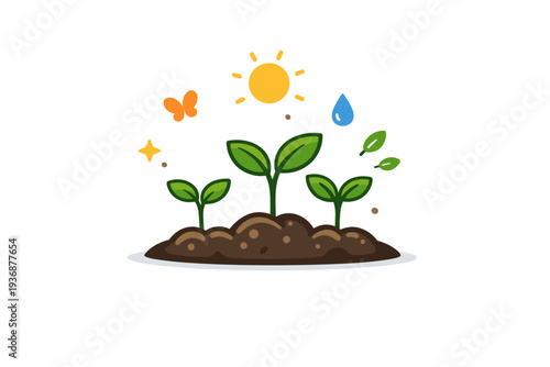 Spring gardening organic growth visualized with seedlings emerging from rich soil under warm sunlight, representing sustainable living and natural balance.